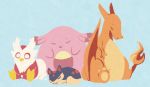  bird blue_background chansey charizard closed_eyes commentary creature delibird dragon english_commentary full_body gen_1_pokemon gen_2_pokemon horns lying mattibee no_humans on_stomach pokemon pokemon_(creature) quilava simple_background sitting sleeping 