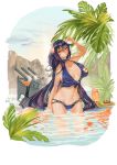  1girl absurdres aki azuma_(azur_lane) azur_lane black_hair blue_swimsuit breasts flower hair_between_eyes hair_flower hair_ornament hat highres large_breasts long_hair palm_tree solo swimsuit tree turret very_long_hair water yellow_eyes 