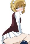  1girl ass bangs bartender black_legwear blonde_hair blunt_bangs blush bob_cut brown_vest commentary constricted_pupils cutlass_(girls_und_panzer) dress_shirt embarrassed eyebrows_visible_through_hair from_side frown girls_und_panzer grimace highres long_sleeves looking_at_viewer looking_back maid_headdress miniskirt pleated_skirt school_uniform shirt short_hair simple_background single_horizontal_stripe skirt socks solo vest wakku_kan white_background white_shirt white_skirt yellow_eyes 