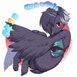  1girl barefoot bird black_hair blush crow full_body furry hair_ornament hairclip kishibe multicolored_hair one_eye_covered original red_eyes short_hair solo translation_request white_background wings 
