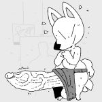  1:1 animal_crossing anthro apron balls big_balls big_penis canid canine clothing crazy_redd erection eyes_always_closed eyes_closed fox genitals huge_penis hyper hyper_genitalia hyper_penis line_art male mammal monochrome nintendo painting penis sailewder solo vein veiny_penis video_games wide_hips 