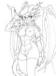  absurd_res anthro bearbeer clothed clothing dragon eyewear female glasses hi_res horn legwear monochrome nipple_piercing nipples open_shirt piercing scalie shirt shirt_cuffs solo spiked_tail spikes stockings topwear unfinished vi wings 