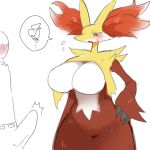  1:1 big_breasts blush bodily_fluids breasts canid canine clothing curvy_figure delphox digital_media_(artwork) duo erection erection_under_clothing faceless_male female fur hand_on_hip hi_res human inner_ear_fluff male mammal multicolored_body multicolored_fur nintendo nishikunsp pok&eacute;mon pok&eacute;mon_(species) red_body red_eyes red_fur simple_background solo_focus speech_bubble standing sweat tuft video_games voluptuous white_background white_body white_fur yellow_body yellow_fur 