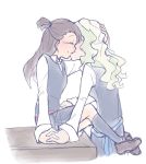  2girls blonde_hair blush brown_hair closed_eyes couple diana_cavendish happy kagari_atsuko kiss little_witch_academia long_hair luna_nova_school_uniform multicolored_hair multiple_girls school_uniform simple_background sketch skirt smile two-tone_hair uniform usbfan wavy_hair white_background yuri 