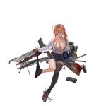  1girl ahoge backlighting black_legwear blue_eyes blush breasts brown_hair cleavage collarbone gun large_breasts long_hair looking_at_viewer loose_thighhigh machine_gun magazine_(weapon) mogami_(warship_girls_r) navel no_bra off_shoulder official_art open_mouth pleated_skirt rigging shoes side_ponytail single_shoe skirt sneakers solo thighhighs transparent_background undressing warship_girls_r weapon zi_se 