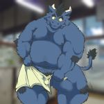  1:1 2014 anthro balls belly blue_body blue_fur blush bulge dragon eyes_closed fur genitals hi_res humanoid_hands kemono male moobs nipples overweight overweight_male solo suishou0602 towel 