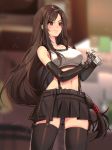  1girl absurdres artist_name bangs black_legwear black_skirt blurry blurry_background brown_hair closed_mouth commentary elbow_gloves eyebrows_visible_through_hair final_fantasy final_fantasy_vii final_fantasy_vii_remake fingernails gloves highres holding kuini lips long_hair low-tied_long_hair midriff miniskirt navel shaker shiny shiny_clothes shiny_hair signature simple_background skirt smile solo stomach suspender_skirt suspenders tank_top thighhighs tifa_lockhart zettai_ryouiki 