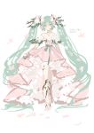  1girl absurdly_long_hair absurdres aqua_eyes aqua_hair bare_shoulders branch butterfly_ornament commentary dress flower frilled_dress frills full_body hair_branch hair_flower hair_ornament haruri hatsune_miku headset highres long_hair looking_at_viewer pink_dress sketch smile strapless strapless_dress twintails very_long_hair vocaloid white_background 