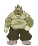  2015 anthro belly bottomwear clothing eyes_closed hi_res humanoid_hands kemono male mammal overweight overweight_male pants shirt simple_background solo suid suina suishou0602 sus_(pig) topwear white_background wild_boar 
