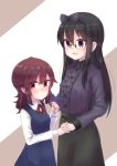  2girls blouse blush brown_hair eyebrows_visible_through_hair glasses highres holding_hands kuramoto_takato long_hair long_sleeves machikado_mazoku multiple_girls ogura_shion open_mouth purple_eyes school_uniform short_hair skirt yoshida_ryouko 