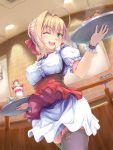  1girl ahoge apron artist_name bangs black_legwear blonde_hair blush breasts commentary_request dress eyebrows_visible_through_hair fate/grand_order fate_(series) food fruit green_eyes highres holding holding_plate implied_object_insertion indoors kudou_maimu large_breasts looking_at_viewer nero_claudius_(fate) nero_claudius_(fate)_(all) one_eye_closed open_mouth plate puffy_short_sleeves puffy_sleeves red_apron red_ribbon ribbon short_sleeves smile solo strawberry thighhighs upper_teeth vibrator vibrator_in_thighhighs white_dress wrist_cuffs 