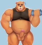  2020 animal_crossing anthro balls barmaku belly blue_background blush brown_body brown_fur clothing erection exercise eyes_closed fur genitals hi_res humanoid_genitalia humanoid_hands humanoid_penis male mammal navel nintendo overweight overweight_male penis shirt simple_background solo teddy_(animal_crossing) topwear ursid video_games workout 