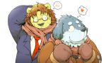  &lt;3 2015 anthro belly black_nose blue_body blue_fur blush canid canine canis clothing domestic_dog duo felid fur gloves handwear hi_res kemono lion male male/male mammal necktie overweight overweight_male pantherine scarf shirt simple_background suishou0602 topwear white_background 