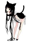  1girl :q absurdres animal_ears apron bangs bare_arms bare_shoulders black_dress black_eyes black_footwear black_hair blush breasts cat_ears cat_girl cat_tail closed_mouth dress frilled_apron frills full_body highres lace lace-trimmed_dress leaning_forward long_hair looking_at_viewer original revision shoes simple_background sleeveless sleeveless_dress small_breasts smile solo standing tail tail_raised tongue tongue_out tsukiyo_(skymint) very_long_hair white_apron white_background 