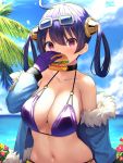  1girl ahoge azur_lane bangs bikini blue_hair blue_jacket breasts choker cleavage cloud day eating eyebrows_visible_through_hair eyewear_on_head flower food fur_trim gloves hair_rings hamburger hibiscus highres holding holding_food jacket large_breasts navel ning_hai_(azur_lane) ning_hai_(summer_hunger)_(azur_lane) ocean oekakizuki off_shoulder open_clothes open_jacket outdoors palm_tree purple_bikini purple_eyes purple_gloves signature sky solo sunglasses swimsuit tree upper_body water 