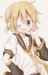  1boy bad_id bad_twitter_id bass_clef black_collar blonde_hair blue_eyes collar commentary hand_on_headphones hand_on_hip hand_up headphones headset highres hitode kagamine_len light_blush looking_at_viewer male_focus midriff_peek necktie one_eye_closed open_mouth sailor_collar school_uniform shirt short_ponytail short_sleeves sleeves_past_wrists smile star vocaloid white_shirt yellow_neckwear 