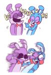  2016 4_fingers animatronic anthro attack black_sclera blue_body bonnie_(fnaf) bow_tie buckteeth crush duo english_text eyes_closed fight fingers five_nights_at_freddy&#039;s five_nights_at_freddy&#039;s_2 gesture green_eyes hand_on_face hi_res lagomorph laugh leporid machine male mammal mitsubachipan motion_blur motion_lines open_mouth pointing pointing_at_another punch purple_body rabbit robot rosy_cheeks simple_background teeth text toony toy_bonnie_(fnaf) video_games white_background 