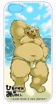  2014 anthro asian_clothing beach belly brown_body brown_fur bulge clothing cute_fangs east_asian_clothing fundoshi fur hi_res humanoid_hands japanese_clothing japanese_text kemono male mammal moobs navel nipples one_eye_closed outside overweight overweight_male seaside solo suishou0602 text underwear ursid water wink 