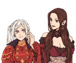  2girls breasts brown_hair cleavage closed_mouth dorothea_arnault earrings edelgard_von_hresvelg fire_emblem fire_emblem:_three_houses green_eyes hrmt3391 jewelry long_hair long_sleeves looking_to_the_side multiple_girls open_mouth purple_eyes side_ponytail simple_background upper_body white_background white_hair 