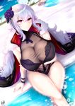  1girl azur_lane bare_legs beach black_swimsuit blush breasts cleavage cloak crossed_legs flower fur graf_zeppelin_(azur_lane) graf_zeppelin_(beachside_urd)_(azur_lane) hair_flower hair_ornament highres ibara_azuki large_breasts legs long_hair looking_at_viewer pool purple_eyes silver_hair sitting sitting_on_lap sitting_on_person solo swimsuit tight water 