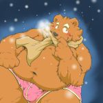  1:1 2015 anthro belly blush brown_body brown_fur bulge clothing fur hi_res humanoid_hands kemono male mammal navel overweight overweight_male scarf snow solo suishou0602 underwear ursid 