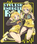 1boy 1girl badge bandaid bandaid_on_nose bangs bass_clef black_jacket black_shorts blonde_hair buruma commentary double_v full_body grin hair_ornament hands_up harusamesyota highres jacket kagamine_len kagamine_rin kneehighs kneeling legs_up looking_at_viewer open_mouth project_diva_(series) shoes short_hair short_ponytail short_shorts shorts siblings smile sneakers spiked_hair star star_print stylish_energy_(module) swept_bangs treble_clef twins two-tone_jacket v vocaloid w yellow_jacket 