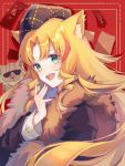  1girl :d alternate_costume animal animal_ears arknights bangs black_headwear black_jacket blonde_hair blush chinese_commentary commentary_request drill_hair drill_locks feather_boa green_eyes hand_up highres jacket long_hair long_sleeves looking_at_viewer multicolored_hair open_mouth red_background red_hair smile streaked_hair sunglasses swire_(arknights) tiger tiger_ears upper_body yunweishukuang 