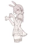  .live 1girl animal_ears bare_shoulders blush bunny_ears cropped_legs denim denim_shorts detached_sleeves dress fingerless_gloves flower from_side gloves hair_flower hair_ornament highres kitakami_futaba looking_at_viewer monochrome ouka_(yama) see-through_dress shorts shorts_under_skirt simple_background sketch sleeveless sleeveless_dress solo spot_color twintails white_background 