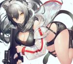  1girl akizone animal_ear_fluff animal_ears arknights bangs black_footwear black_hair black_shorts boots breasts cat_ears cat_tail cleavage english_commentary gradient_hair gun hair_between_eyes holding holding_gun holding_weapon jacket large_breasts long_hair long_sleeves looking_at_viewer multicolored_hair open_mouth scarf schwarz_(arknights) short_shorts shorts silver_hair simple_background solo tail thighs weapon white_background white_jacket yellow_eyes zipper 