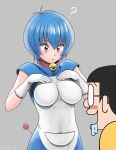  1boy 1girl ? ayanami_rei blue_hair blush breasts closed_mouth cosplay doraemon doraemon_(character) genderswap genderswap_(mtf) large_breasts nobi_nobita plus_step short_hair simple_background 