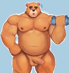  2020 animal_crossing anthro balls barmaku belly blue_background blush brown_body brown_fur exercise eyes_closed fur genitals hi_res humanoid_genitalia humanoid_hands humanoid_penis male mammal moobs navel nintendo nipples overweight overweight_male penis simple_background solo teddy_(animal_crossing) ursid video_games workout 