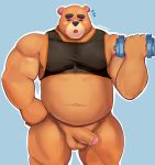 2020 animal_crossing anthro balls barmaku belly blue_background blush brown_body brown_fur clothing exercise eyes_closed fur genitals hi_res humanoid_genitalia humanoid_hands humanoid_penis male mammal navel nintendo overweight overweight_male penis shirt simple_background solo teddy_(animal_crossing) topwear ursid video_games workout 