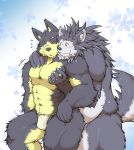  2015 anthro asian_clothing barazoku belly blush bulge canid canine clothing duo east_asian_clothing fundoshi hi_res hug hugging_from_behind humanoid_hands japanese_clothing kemono male male/male mammal muscular overweight overweight_male suishou0602 underwear 