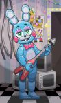  2017 3_toes 4_fingers accessory animatronic anthro blue_body bow_tie buckteeth checkered_floor decoration detailed_background fingers five_nights_at_freddy&#039;s five_nights_at_freddy&#039;s_2 green_eyes guitar hi_res holding_object lagomorph leporid looking_at_viewer machine male mammal mitsubachipan musical_instrument plucked_string_instrument poster rabbit robot rosy_cheeks signature solo standing string_instrument teeth television toes toony toy_bonnie_(fnaf) video_games wire 