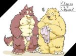  2014 absurd_res anthro asian_clothing barazoku belly blush brown_body brown_fur bulge canid canine canis clothing domestic_dog duo east_asian_clothing english_text fundoshi fur hi_res japanese_clothing japanese_text kemono male male/male mammal moobs nipples overweight overweight_male simple_background suishou0602 text underwear ursid 