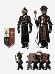  6+boys armor carrying coffin crown dated flower helmet highres holding holding_scepter meme multiple_boys original porforever scepter signature simple_background standing uniform walking white_background 