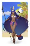  1girl absurdres animal_ears bangs beach belly_chain blue_sky blurry blurry_background bracelet breasts closed_mouth dark_skin earrings egyptian egyptian_clothes facepaint facial_mark fate/grand_order fate_(series) full_body hair_tubes hairband highres hoop_earrings jackal_ears jewelry long_hair looking_at_viewer low-tied_long_hair medjed navel ninec nitocris_(fate/grand_order) palm_tree pauldrons pelvic_curtain purple_eyes purple_hair sidelocks sky small_breasts smile staff tree usekh_collar very_long_hair 