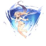  1girl archerfish_(warship_girls_r) ass_visible_through_thighs barefoot bikini blonde_hair blue_eyes breasts finger_to_mouth long_hair medium_breasts navel o-ring o-ring_bottom official_art saru sidelocks smile solo swimsuit thighlet transparent_background underwater very_long_hair warship_girls_r 