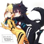  2girls animal_ears ass bangs black_bodysuit black_hair blonde_hair blush bodysuit breasts character_request commentary_request dated ejami ekko_(ejami) eyebrows_visible_through_hair fox_ears fox_girl fox_tail from_side hair_between_eyes hair_ornament long_hair looking_at_viewer multiple_girls neon_genesis_evangelion orange_eyes pilot_suit plugsuit red_eyes signature simple_background small_breasts smile tail v white_background yellow_bodysuit 