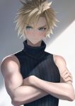  1boy biceps black_sweater blonde_hair blue_eyes blush cloud_strife crossed_arms final_fantasy final_fantasy_vii final_fantasy_vii_remake highres imizu_(nitro_unknown) looking_away male_focus ribbed_sweater shaded_face short_hair sleeveless sleeveless_turtleneck solo spiked_hair sweatdrop sweater turtleneck 