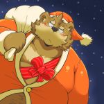  1:1 2014 anthro black_nose blush brown_body brown_fur christmas clothing fur hat headgear headwear hi_res holidays humanoid_hands kemono male mammal night outside overweight overweight_male santa_hat snow solo suishou0602 ursid 
