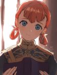  1girl annette_fantine_dominic blue_eyes book closed_mouth fire_emblem fire_emblem:_three_houses garreg_mach_monastery_uniform hair_rings holding holding_book mayo_(becky2006) open_book orange_hair signature solo twintails uniform upper_body 