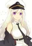  azur_lane belt black_belt black_coat black_neckwear coat commission enterprise_(azur_lane) hat highres long_hair military_hat purple_eyes shirt simmm sleeveless sleeveless_shirt smile white_hair white_headwear 