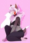  ambiguous_gender anthro canid canine clair_(ravypox) fishnet fur grey_body grey_fur hair hi_res male mammal red_eyes sedmoy simple_background smile smirk solo white_body white_fur white_hair 