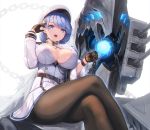  1girl azur_lane bangs belt black_gloves blue_eyes blue_hair blush breasts chain chapayev_(azur_lane) crossed_legs eyebrows_visible_through_hair gloves gradient gradient_background hair_between_eyes hair_ornament hairclip hat highres jacket large_breasts looking_at_viewer military_hat monster peaked_cap pleated_skirt pondel short_hair sitting skirt smile solo star turret two-tone_skirt white_headwear white_jacket 