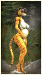  9:16 anthro bodily_fluids border breasts drark exposed_breasts felid female hi_res humanoid mammal maomi pantherine pregnant solo tiger warfaremachine yellow_border 