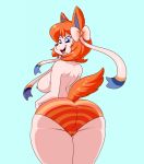  2020 anthro anthrofied blue_eyes breasts cherise_(aj_the_flygon) clothed clothing eeveelution fangs female hair hi_res lonbluewolf looking_at_viewer looking_back nintendo nipples open_mouth orange_hair panties pok&eacute;mon pok&eacute;mon_(species) pok&eacute;morph solo sylveon teeth tongue topless underwear video_games 