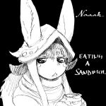  1:1 anthro black_background clothing comic female food hat headgear headwear hi_res hladilnik lagomorph leporid made_in_abyss mammal monochrome nanachi narehate rabbit sandwich_(food) simple_background solo 