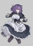  1girl apron azur_lane black_gloves black_legwear bow breasts echj eyes_visible_through_hair fighting_stance gauntlets gloucester_(azur_lane) gloves grey_background hair_between_eyes hair_bow hairband highres large_breasts looking_away maid maid_apron maid_dress necktie pantyhose purple_hair serious short_hair solo thighhighs yellow_eyes 