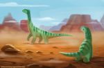 ambiguous_gender apatosaurus beady_eyes black_eyes cloud cryptid-creations day desert dinosaur diplodocid duo feral green_body green_scales outside reptile sand sauropod scales scalie sky text url wind 